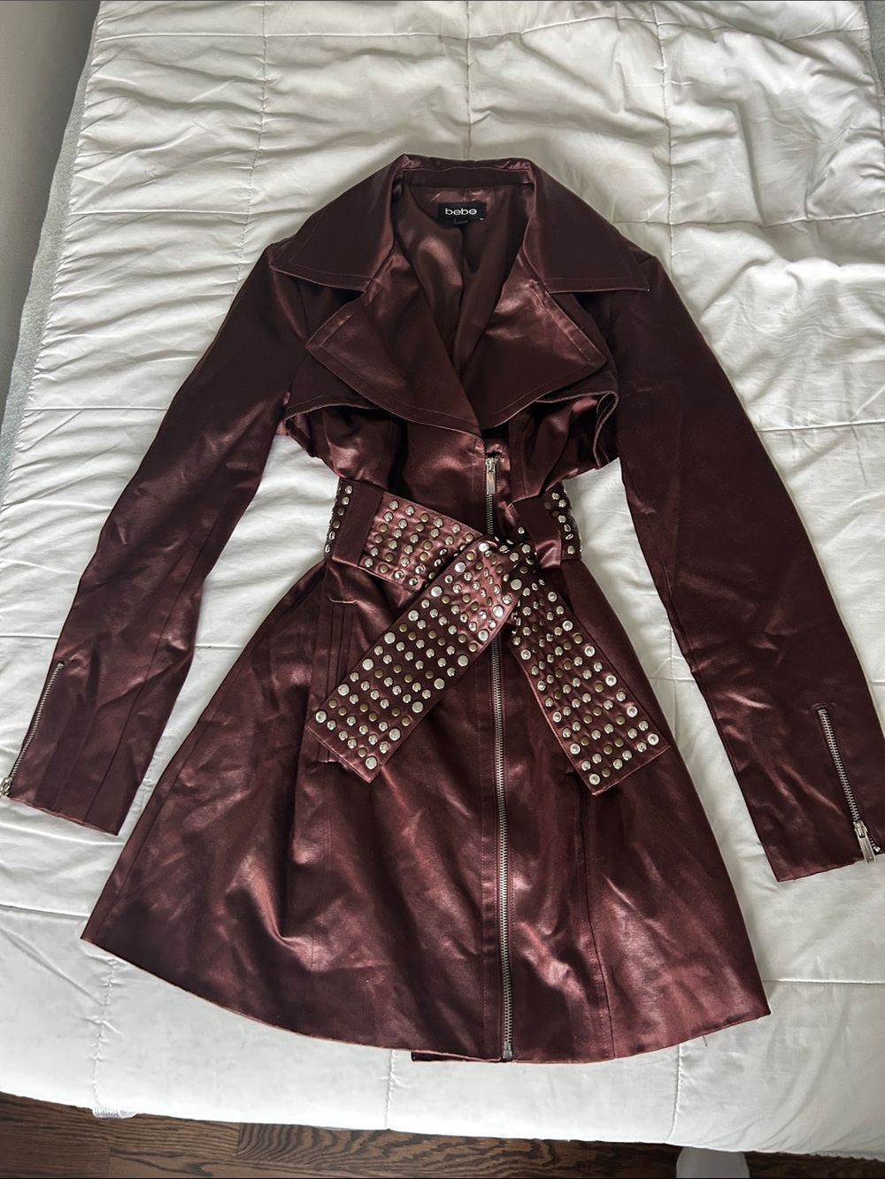 NWOT Bebe Burgundy Trench with Studded Belt